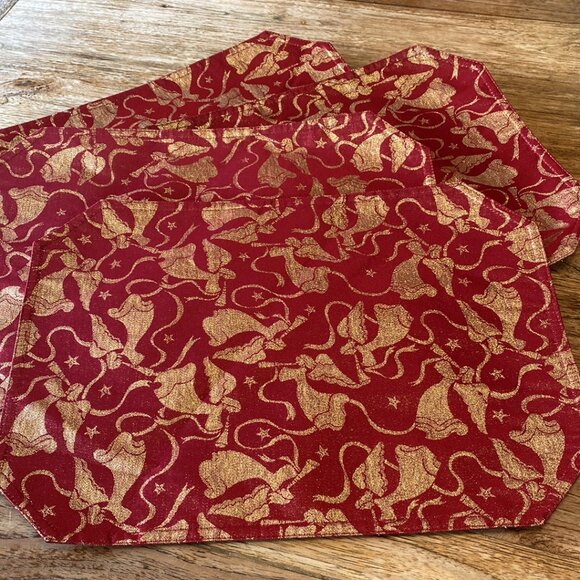 Holiday Burgundy w/Gold Glittery Angels Fabric Placemats (4) - Picture 1 of 6